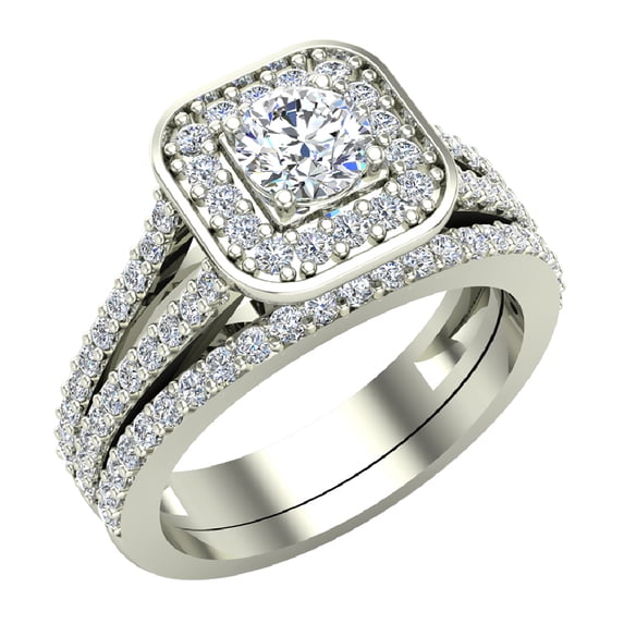 Diamond Wedding Ring Set Round Brilliant Diamond Cushion Halo Rings Split Shank 14K White Gold 1.25 Carat (G,VS2)