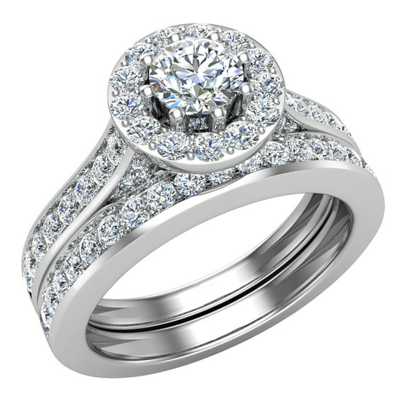 Diamond Wedding Ring Set Round Diamond Halo Rings 8-Prongs 18K White Gold 1.15 CT (G,VS)