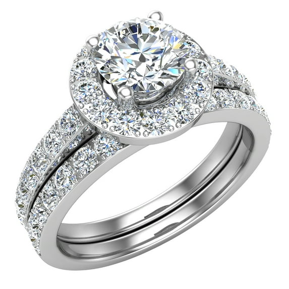 Diamond Wedding Ring Set for Women Round Brilliant Halo Rings 14K White Gold 1.38 Carat (G,SI)