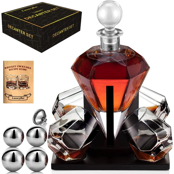 Diamond Whiskey Decanter Set 4 ChillBall Glasses&Tray Decanter Sets for Men | Liquor Dispenser Bourbon Decanter Whiskey Set Tequila Decanters for Alcohol Bourbon Gifts for Men Dad Him Bf