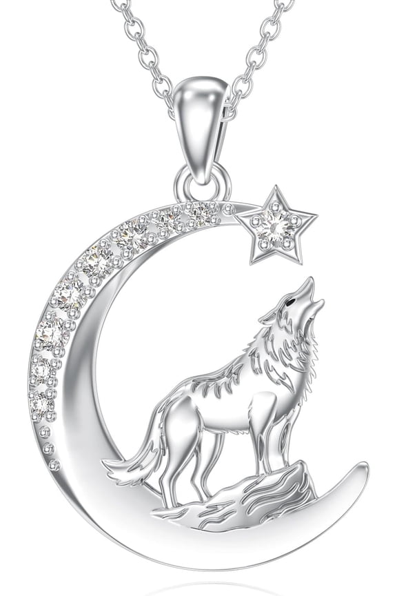 Diamond Wolf Necklace for Women 925 Sterling Silver Moon Wolf Pendant with Lab Grown Diamonds Jewelry Gift for Mom Wife