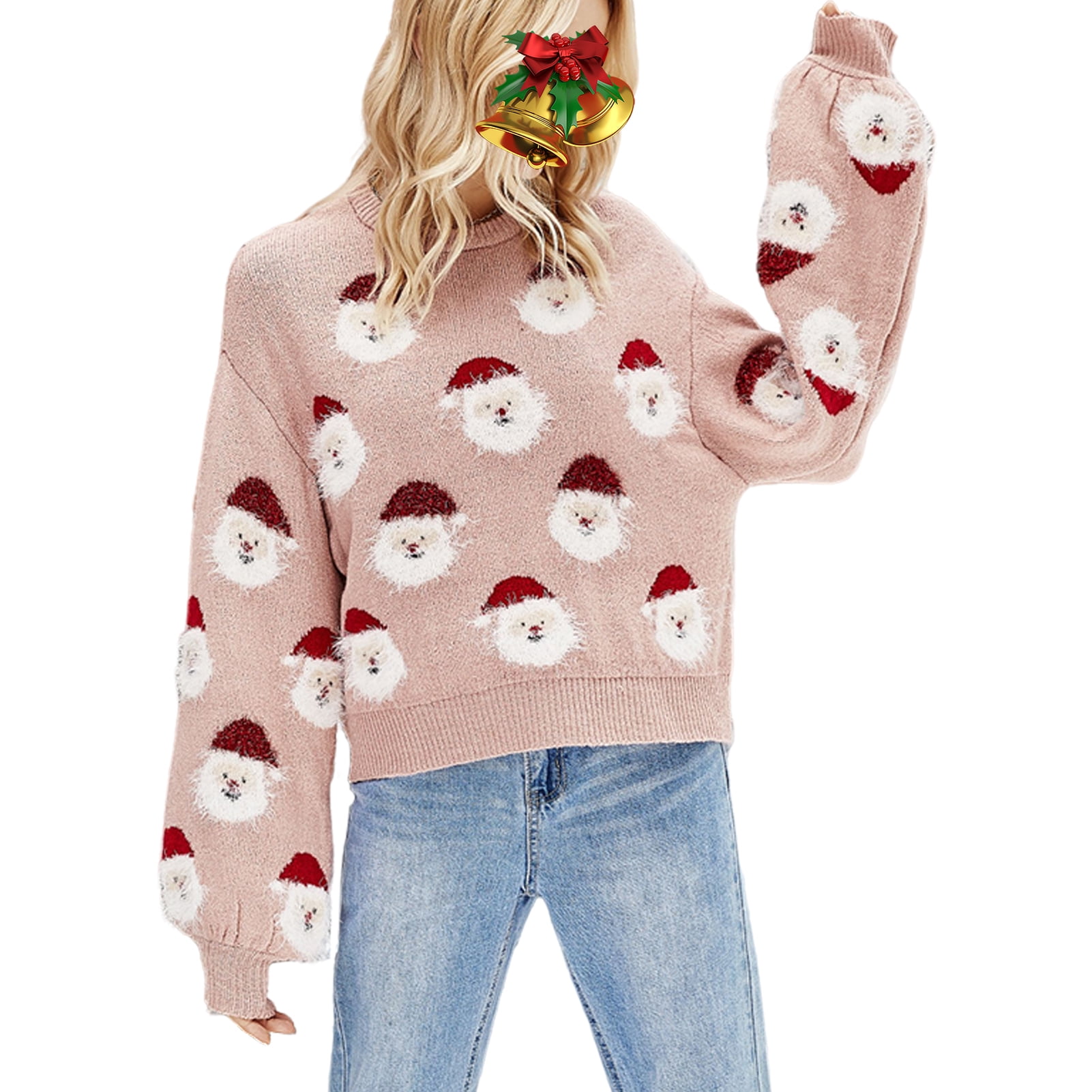 Diamond Womens Tops Plus Size Ladies Christmas Sweater Crew Neck Santa