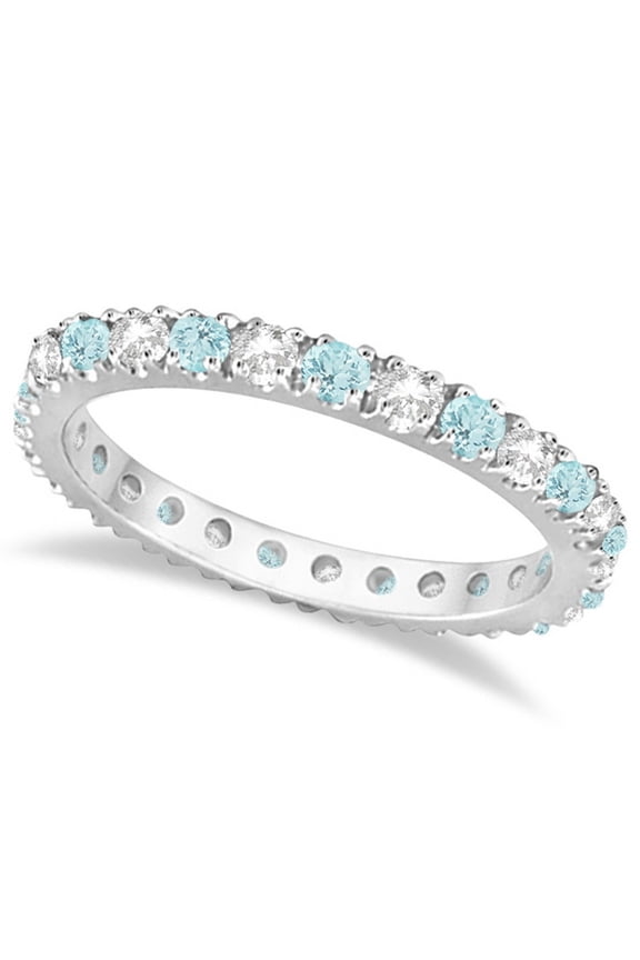 Diamond and Aquamarine Eternity Ring Stack Band 14K White Gold (0.51ct)