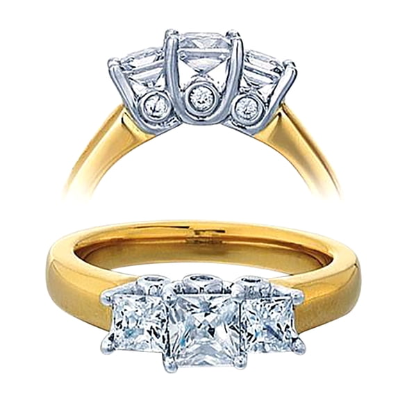 Diamond and Moissanite Engagement Ring 1.50 Carat Three Stone Princess Cut for Her in Sterling Silver with Yellow Gold Plating
