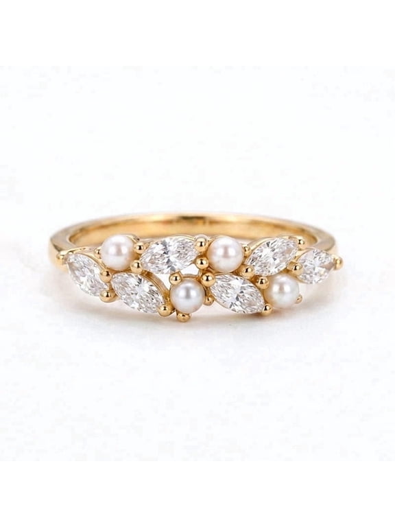 Diamond and Pearl Engagement Ring 925 Sterling Silver Marquise Diamond Cluster Band Art Deco Floral Promise Ring Dainty Boho Anniversary Gift for Her