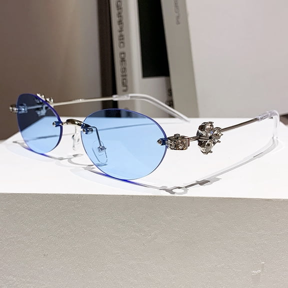 Diamond-embellished oval metal eyeglass frame, pearl rimless glasses, high-end look, suitable for prescription lenses or non-prescription lenses, fashionable and versatile
