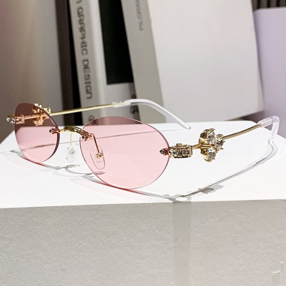 Diamond-embellished oval metal eyeglass frame, pearl rimless glasses, high-end look, suitable for prescription lenses or non-prescription lenses, fashionable and versatile