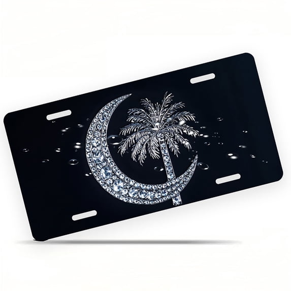 Diamond encrusted Crescent and Palm Front License Plate, Metal License Plate, Funny Standard Plates Personalized Novelty Decorative For Men/Women/Boys/Girls Car 6×12 Inch