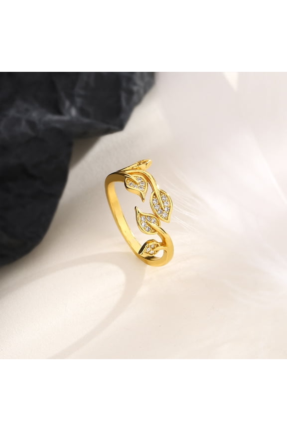 Diamond-encrusted leaf ring new personality cold wind literary sweet everything leaves olive branch leaf ring