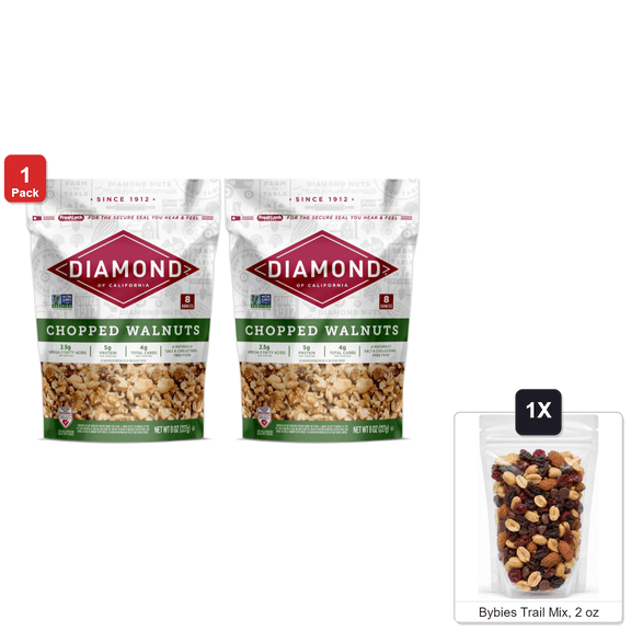 Diamond of California Chopped Walnuts, 2 Bags x 8 oz Each, with Bybies Trail Mix, 2 oz
