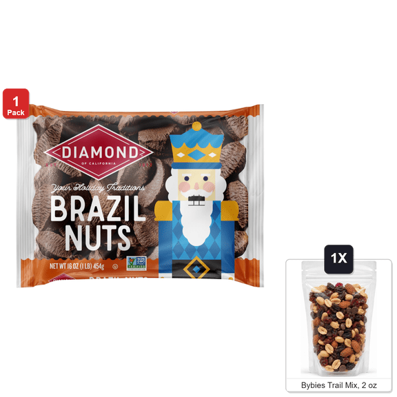 Diamond of California In-Shell Brazil Nuts, 1 Bag, 16 oz, with Bybies Trail Mix, 2 oz
