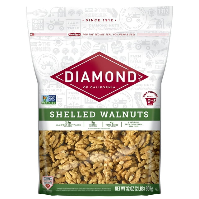Diamond of California Shelled DPF11&nbsp;Walnut Halves and Pieces, Pre-Shelled Raw Walnuts for Baking, Snacking and Salads, 32 oz.