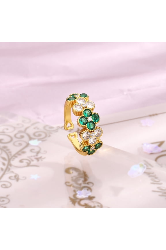 Diamond set emerald four-leaf clover ring zircon green white color flower ring