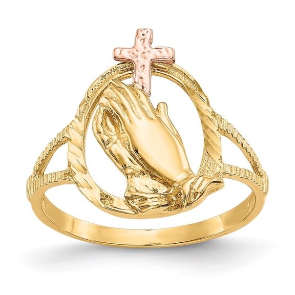 Diamond2Deal 10K Two-Tone Gold Diamond Cut Praying Hands Cross Ring Size 6