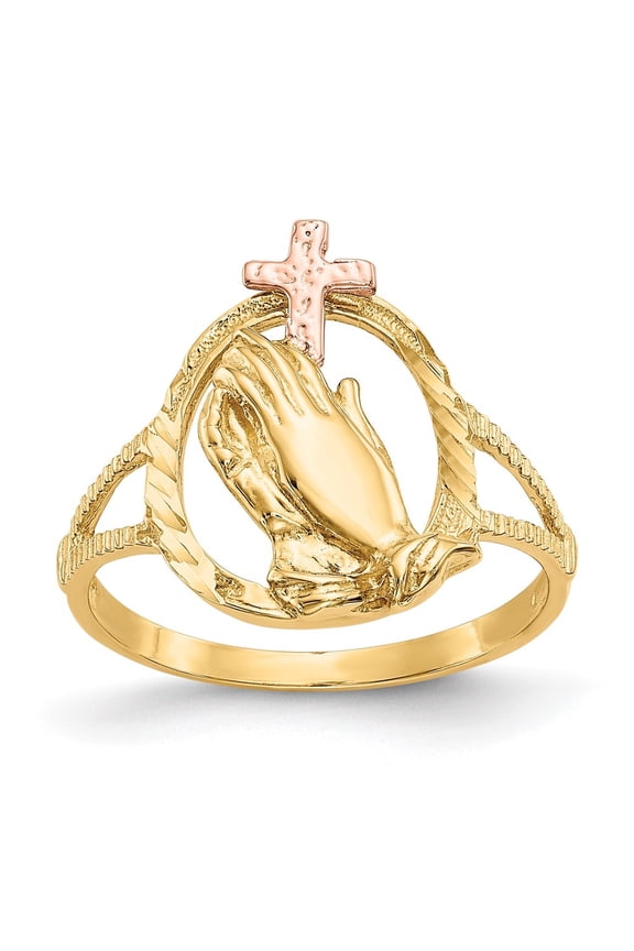 10K Two-Tone Gold Diamond Cut Praying Hands Cross Ring Size 6