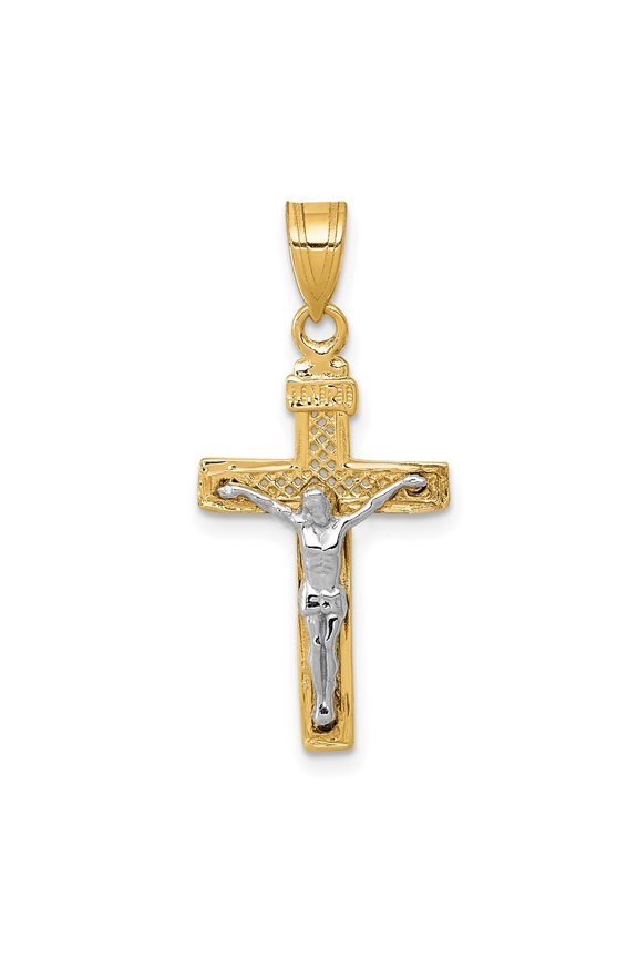 10K Two-tone Gold Diamond-Cut Block Lattice Cross with Crucifix Pendant for Women (L- 1.11 inch, W- 0.52 inch)