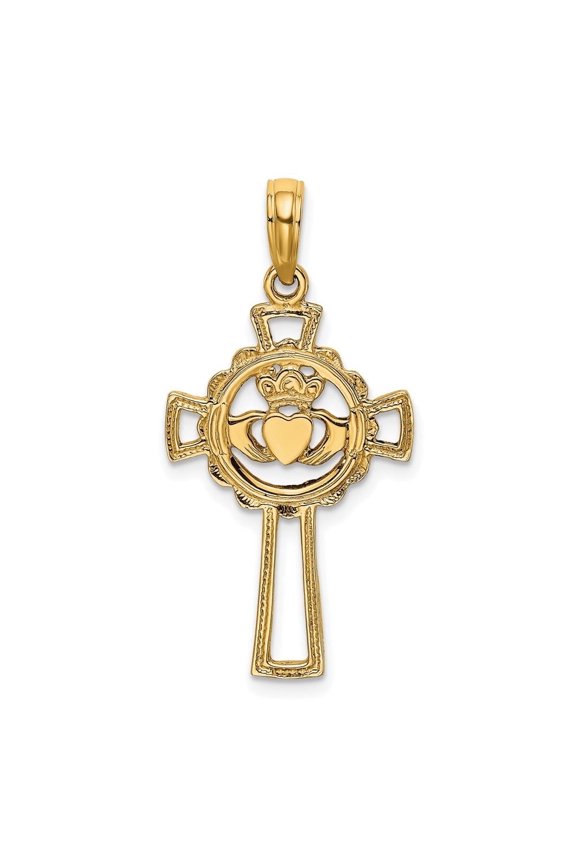 Diamond2Deal 10K Yellow Gold Claddagh Cross Charm Pendant for Women (L- 1.08 inch, W- 0.6 inch)