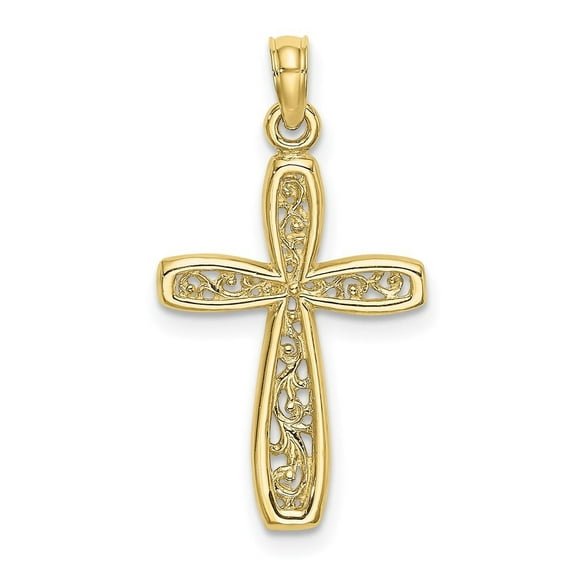Diamond2Deal 10K Yellow Gold Cross with Filigree Center Charm Pendant for Women (L- 1.01 inch, W- 0.56 inch)