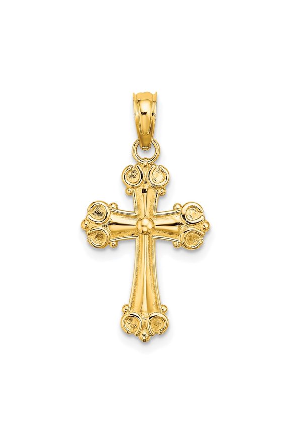 Diamond2Deal 10K Yellow Gold Cross with Scroll Tips and Button Center Charm Pendant for Women (L- 0.91 inch, W- 0.48 inch)