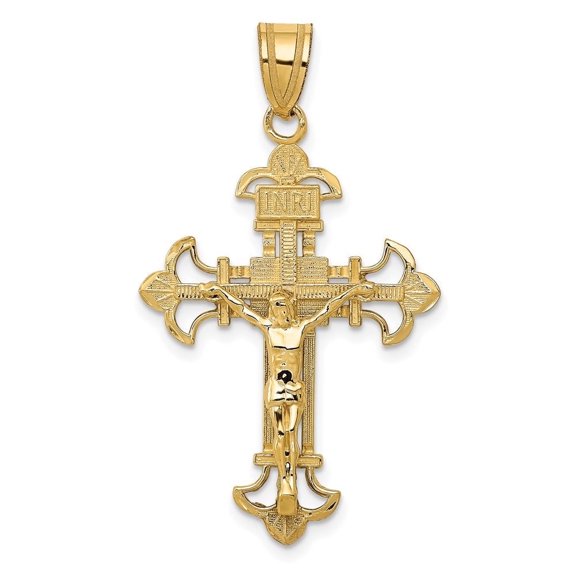 Diamond2Deal 10K Yellow Gold INRI Fleur De Lis Crucifix Pendant for Women (L- 1.54 inch, W- 0.87 inch)