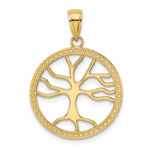 Diamond2Deal 10K Yellow Gold Large Tree Of Life In Round Frame Charm Pendant for Women (L- 1.06 inch, W- 0.83 inch)