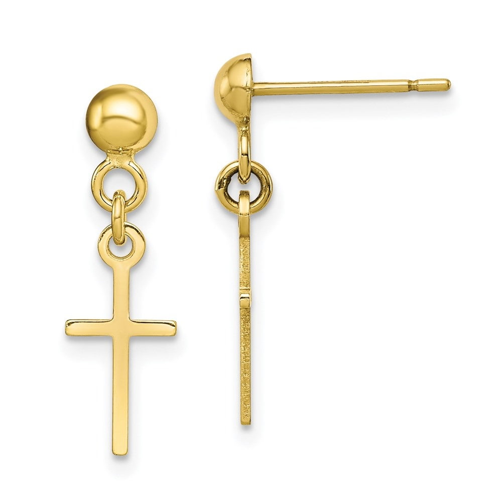DIAMOND2DEAL INC Diamond2Deal 10K Yellow Gold Polished Cross Dangle Post Earrings for Women (L- 0.81 inch, W- 0.25 inch)
