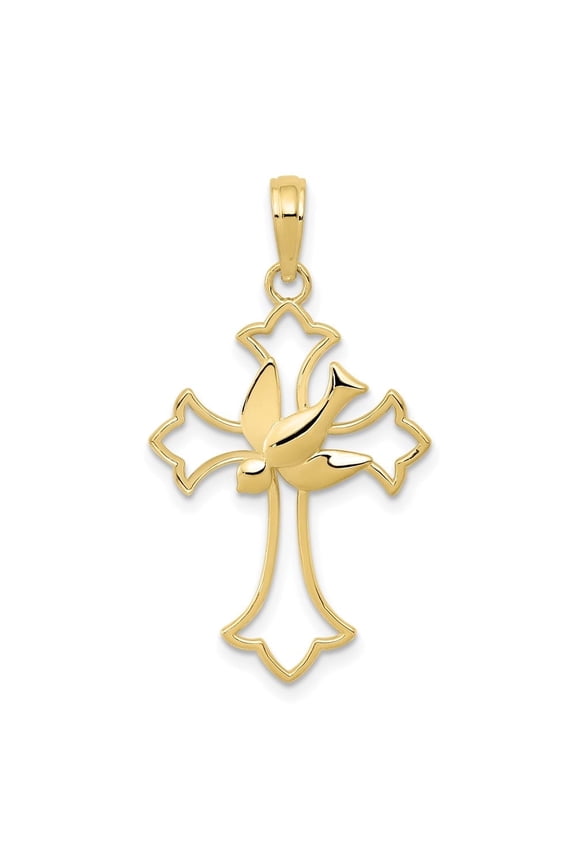 10k Yellow Gold Polished Cross with Dove Pendant for Women (L- 1.26 inch, W- 0.67 inch)
