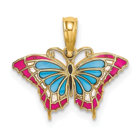 Diamond2Deal 10K Yellow Gold Enameled Blue and Red Butterfly Charm Pendant for Women (L- 0.6 inch, W- 0.68 inch)