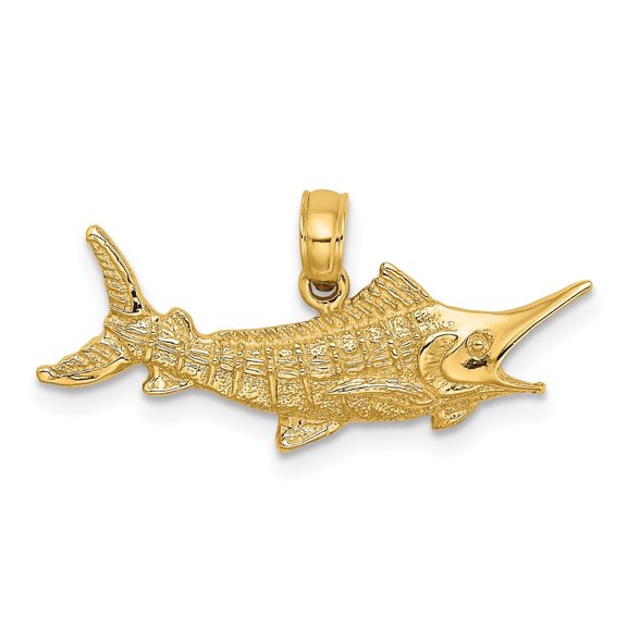 Diamond2Deal 10K Yellow Gold Textured 2-D Marlin Fish Charm Pendant for Women (L- 0.43 inch, W- 1.06 inch)