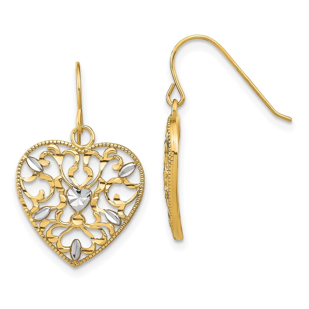 DIAMOND2DEAL INC Diamond2Deal 10K Yellow Gold with Rhodium Filigree Cut-Out Heart Wire Earrings for Women (L- 0.99 inch, W- 0.61 inch)