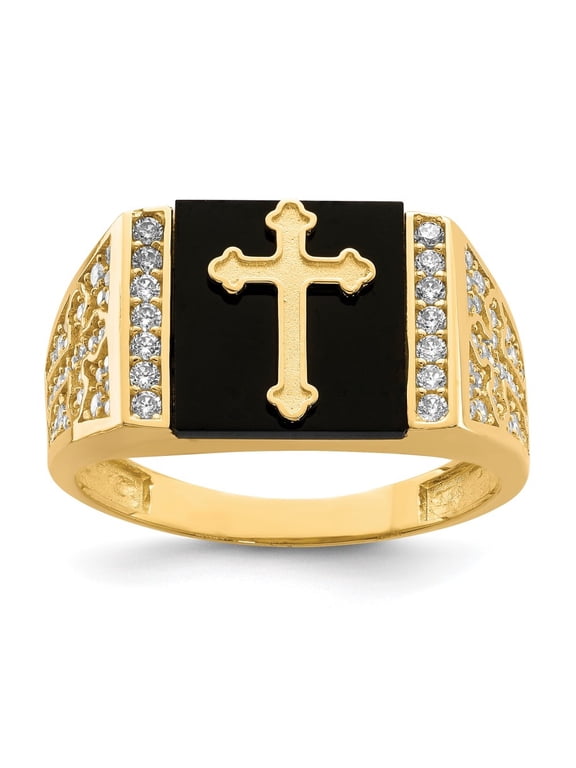 10k Yellow Gold Cubic Zirconia and Onyx Cross Men's Ring Size- 10