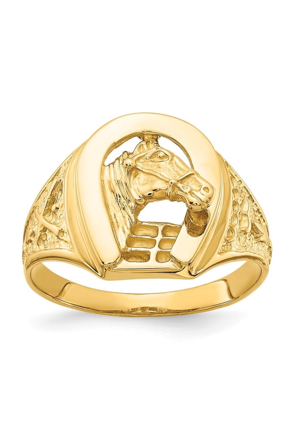 10k Yellow Gold Polished Horseshoe with Horse in Center Ring Size 10