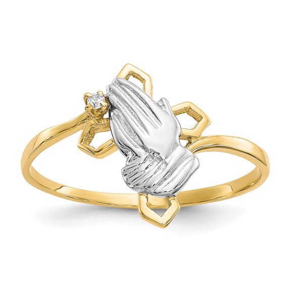 Diamond2Deal 10k Yellow Gold & Rhodium Praying Hands Cubic Zirconia w/Cross Ring for Women Size- 6
