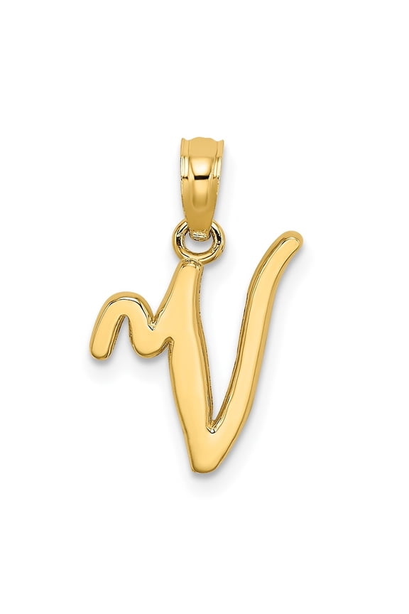 10k Yellow Gold Solid Script Letter V Initial Pendant for Women(L- 19.15 mm, W- 11.3 mm)