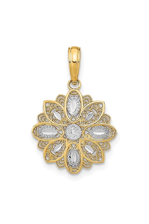 10k Yellow Gold with Rhodium and Diamond-Cut Filigree Flower Charm Pendant for Women (L- 0.63 inch, W- 0.6 inch)