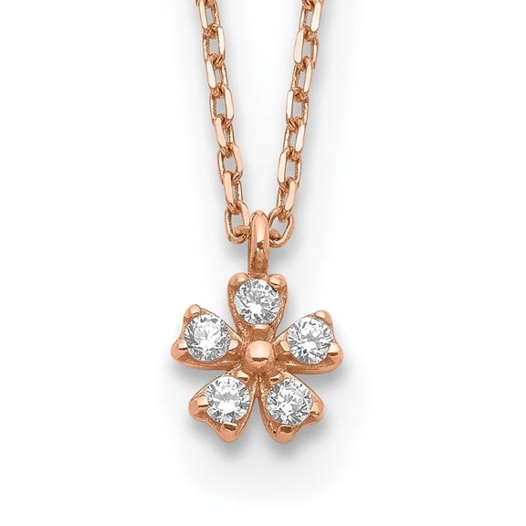 Diamond2Deal 14K Rose Gold CZ Flower w/ 1in Extender Necklace for Women 16"