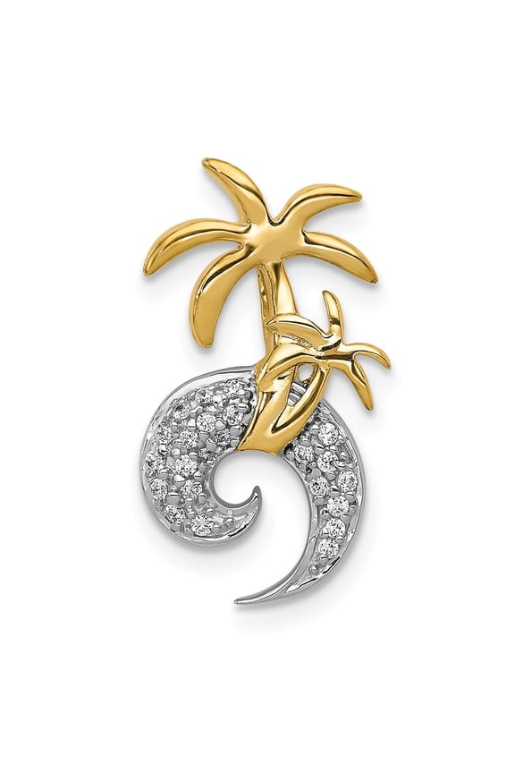 14K Two Tone Diamond Double Palm Tree and Wave Chain Slide