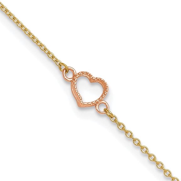 Diamond2Deal 14K Two-Tone Gold Heart Plus 1in ext. Cable Chain Anklet for Women 10"