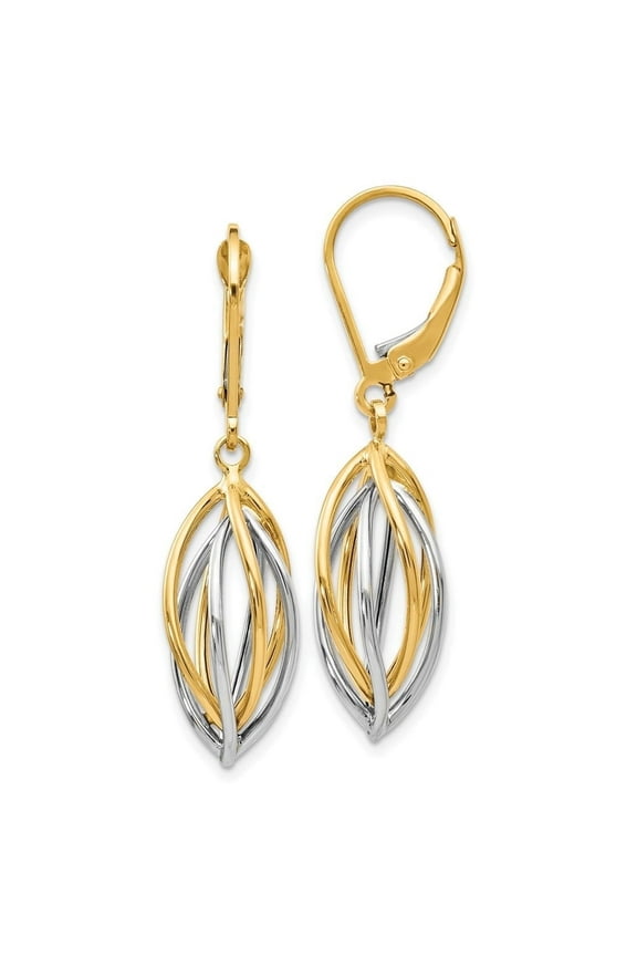 Diamond2Deal 14K Two-Tone Gold Polished Leverback Earrings for Women (L- 1.42 inch, W- 0.36 inch)