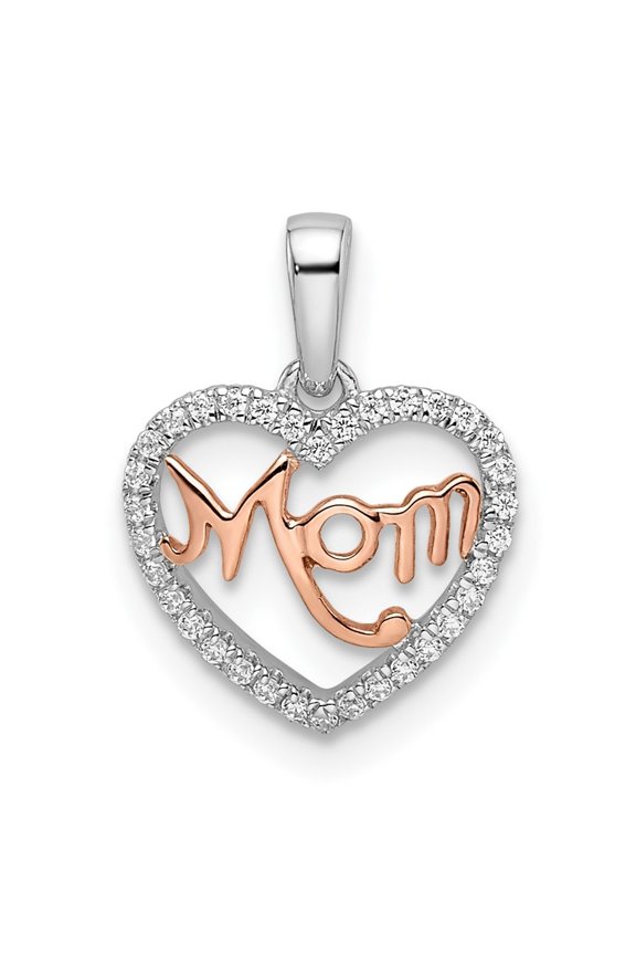 14K Two Tone White and Rose Diamond MOM Script Heart Pendant