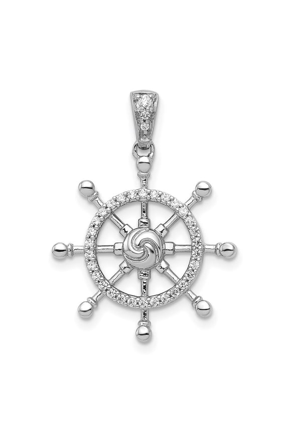 14K White Gold 1/6 carat Diamond Ship Wheel Pendant