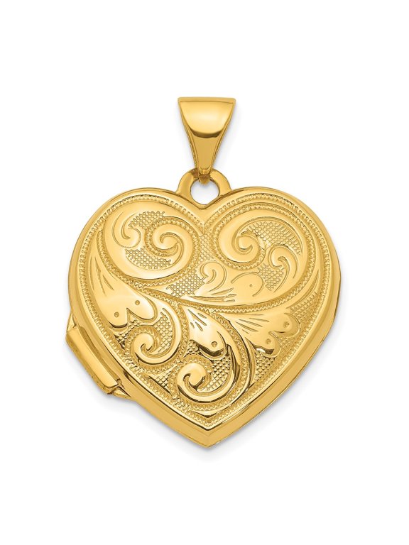 14K Yellow Gold 19mm Scroll Design Reversible Heart Locket Pendant for Women