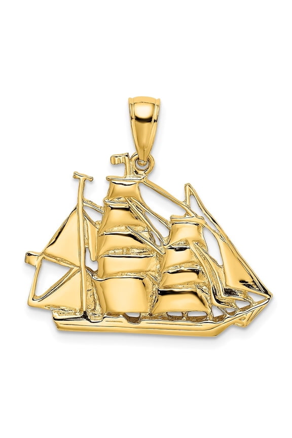 14K Yellow Gold 2-D Sailing Ship Charm Pendant for Women (L- 1.04 in, W- 1.03 in)
