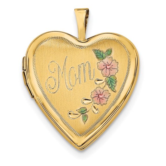 Diamond2Deal 14K Yellow Gold 20mm Enameled Floral MOM Heart Locket Pendant for Women