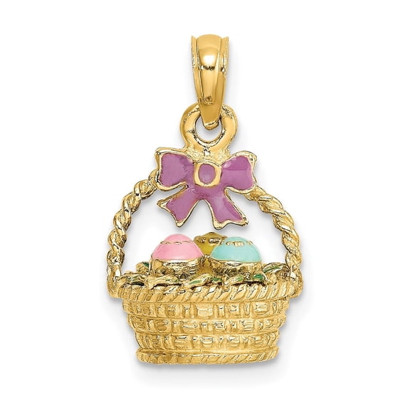 Diamond2Deal 14K Yellow Gold 3-D Enameled Easter Basket with Bow and Eggs Pendant for Women