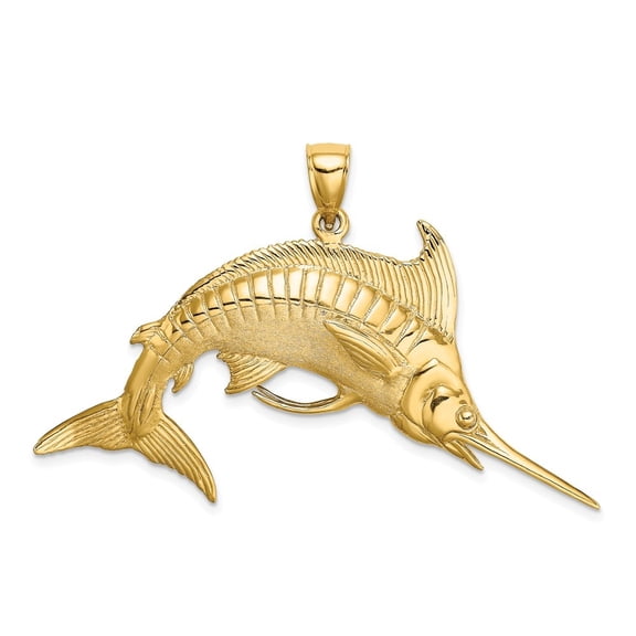 Diamond2Deal 14K Yellow Gold 3-D /Satin Blue Marlin Pendant for Women (L- 1.03 in, W- 2.09 in)