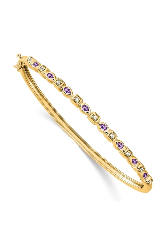 14K Yellow Gold Amethyst and 1/10 carat Diamond Hinged Bangle Bracelet