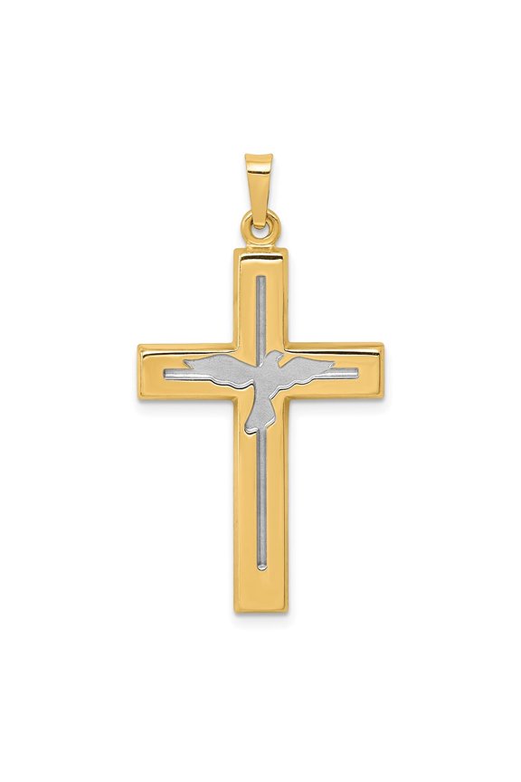 14K Yellow Gold Cross with Dove Pendant for Women (L- 1.47 in, W- 0.8 in)