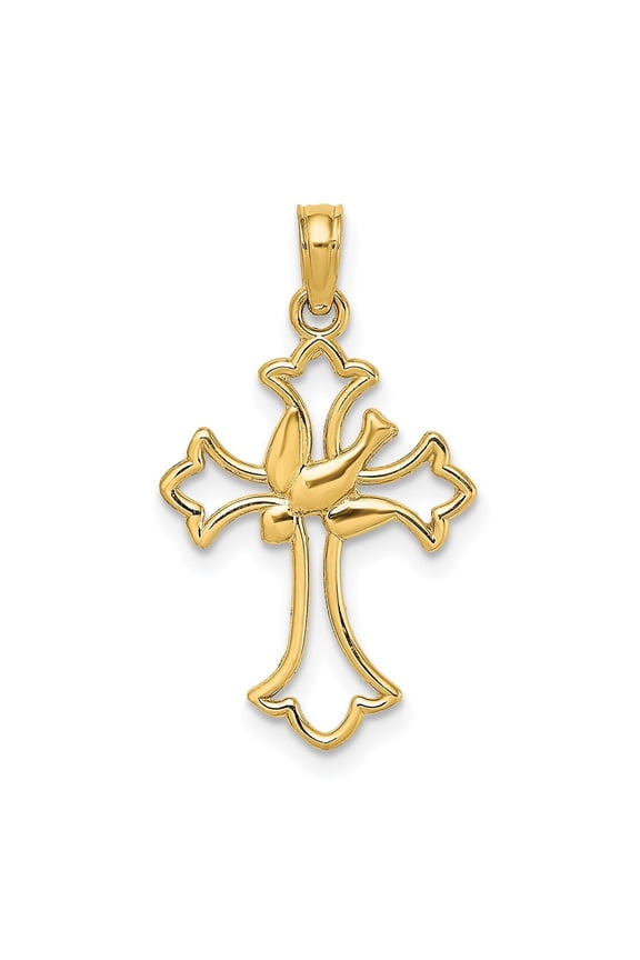 14K Yellow Gold Cut-Out Dove Center Cross Pendant for Women (L- 0.97 in, W- 0.52 in)