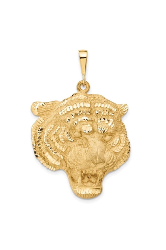 14K Yellow Gold Diamond-Cut Tigers Head Pendant for Men (L- 1.78 inch, W- 1.23 inch)